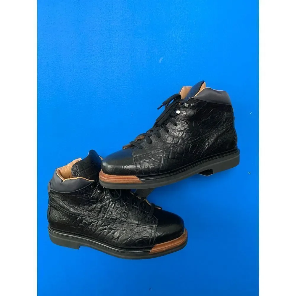 WORN 2x SANTONI EVEREST HIKING BOOT 8.5  D DERBY BURNISHED  Black  Croco